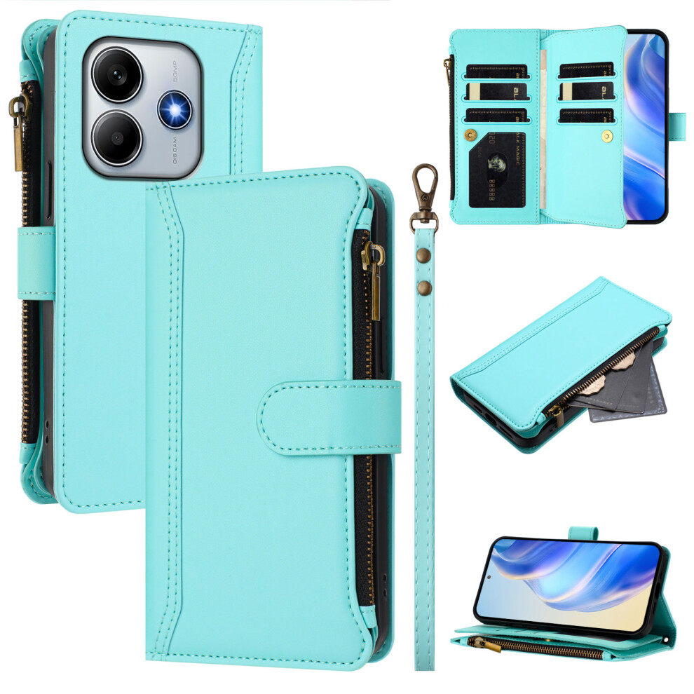 (Mint ) For Xiaomi Redmi Note 14 4G (164.84Mm) Leather Case 9 Card Slots Zipper Wallet Stand Phone Cover With Wrist Strap Green 6914289266948