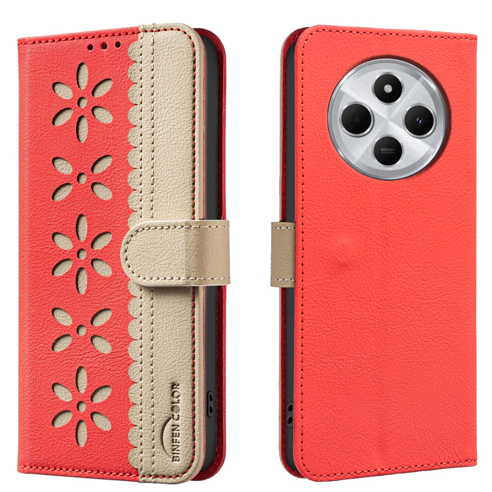 (Red) For Xiaomi Mi 14C 4G / Xiaomi Poco C75 4G Leather Case Binfen Color Bf36 Floral Pattern Phone Cover Rfid Blocking Wallet Stand Red 6914285638763