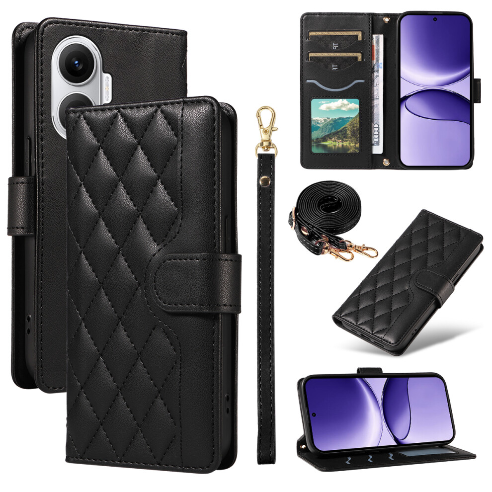(Black) For Xiaomi Poco F7 5G / Xiaomi Redmi Turbo 4 Pro 5G Wallet Case Rhombus Leather Phone Cover With Strap Black 6914284904791