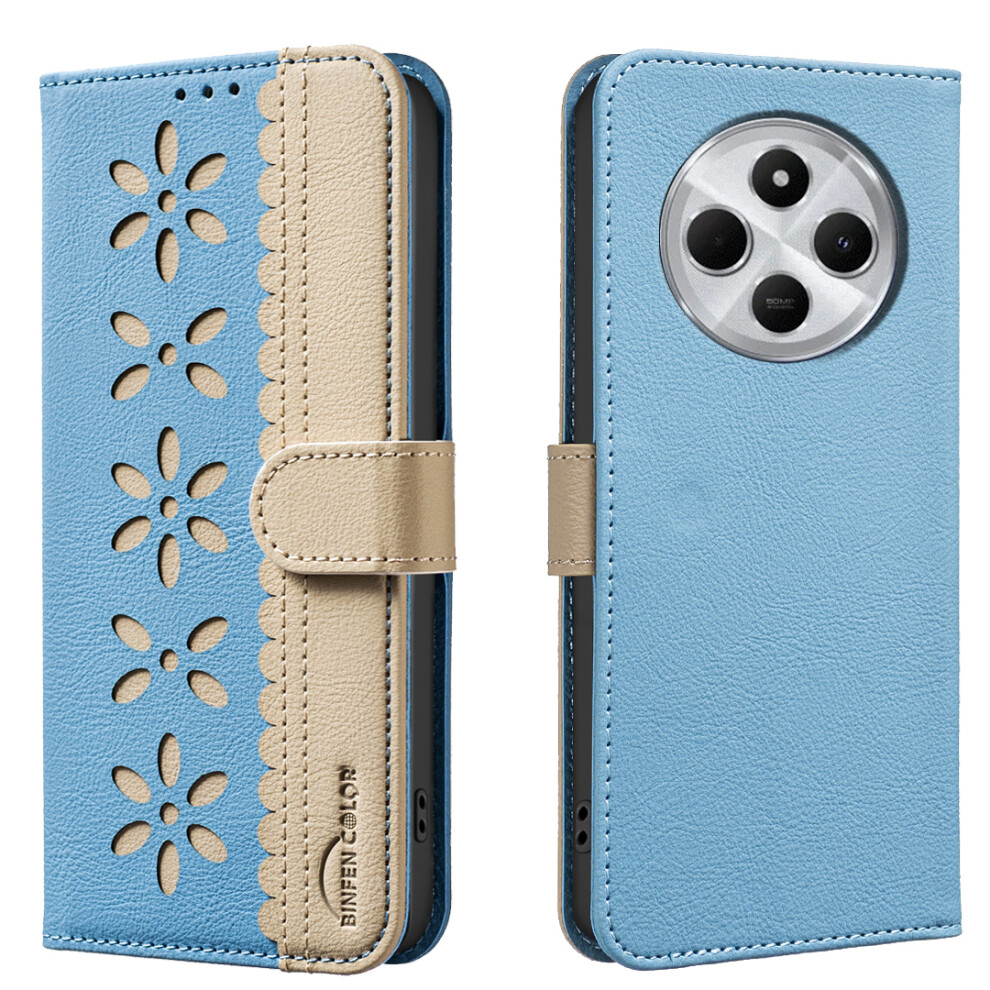 (Baby ) For Xiaomi Redmi 14C 4G / Xiaomi Poco C75 4G Leather Case Binfen Color Bf36 Floral Pattern Phone Cover Rfid Blocking Wallet Stand Blue 6914288571357