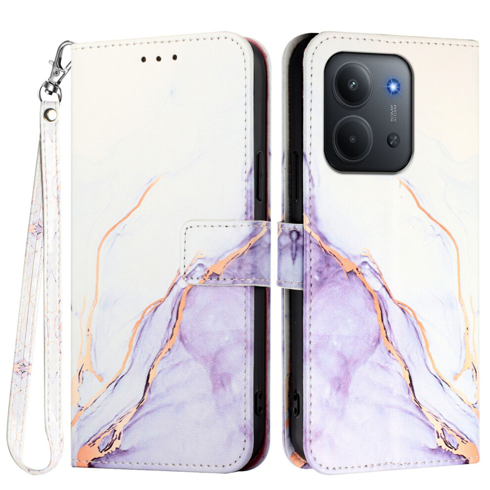 (White / Purple Ls006) For Xiaomi Redmi 15C 4G (Global) (171Mm) / Poco C85 4G (171Mm) Case With Strap Marble Pattern Leather Phone Cover White,Purple 6914283677771