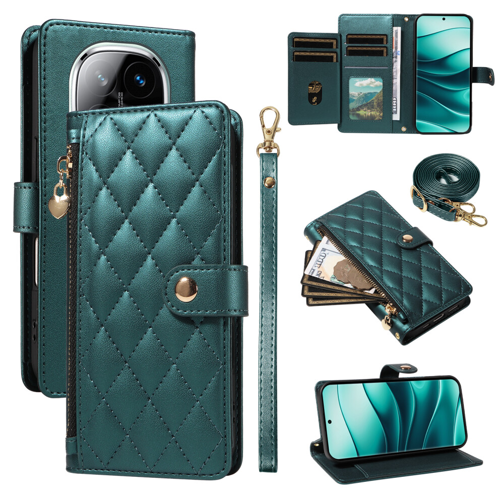 (Blackish ) For Xiaomi Redmi Note 14 Pro+ 5G / Xiaomi Poco X7 5G / Xiaomi Redmi Note 14 Pro 5G Wallet Case With Straps, Rhombus Leather Stand Green 6914285087783