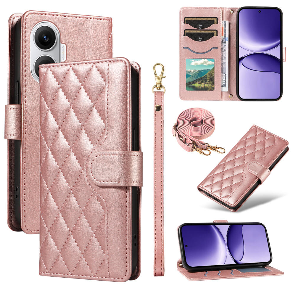 (Rose ) For Xiaomi Poco F7 5G / Xiaomi Redmi Turbo 4 Pro 5G Wallet Case Rhombus Leather Phone Cover With Strap Gold 6914285051319