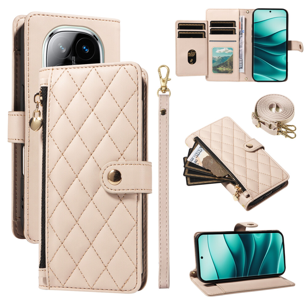(Beige) For Xiaomi Redmi Note 14 Pro+ 5G / Xiaomi Poco X7 5G / Xiaomi Redmi Note 14 Pro 5G Wallet Case With Straps, Rhombus Leather Stand Cream 6914284131692
