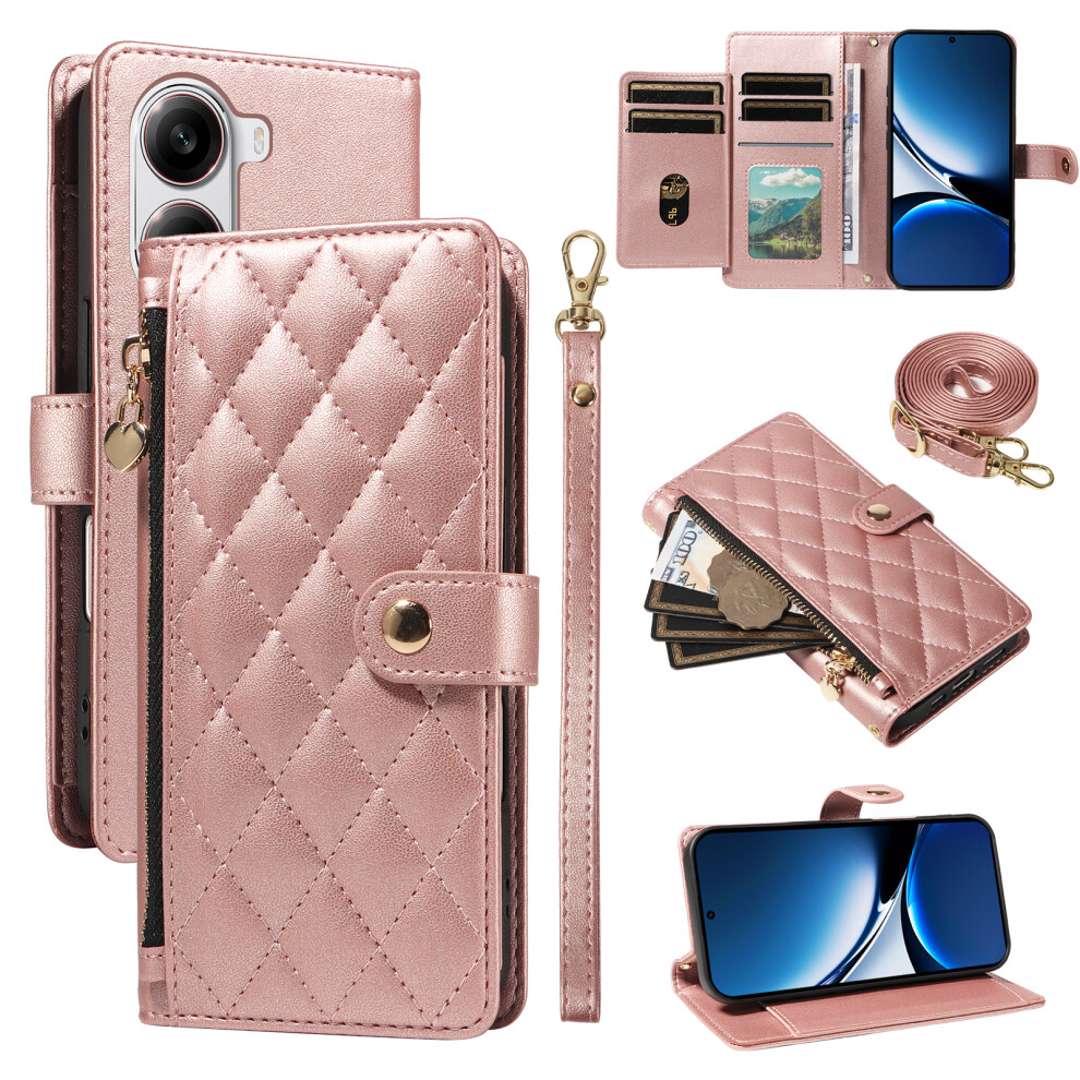 (Rose ) For Xiaomi Poco X7 Pro 5G / Xiaomi Redmi Turbo 4 5G Wallet Case With Straps, Rhombus Leather Stand Phone Cover Gold 6914280723884