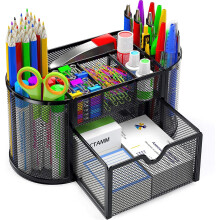 Elegante organizer da scrivania in rete, innovativo porta cancelleria a 8 scomparti per ufficio, scuola, aula con 1 cassetto, piedini antiscivolo,