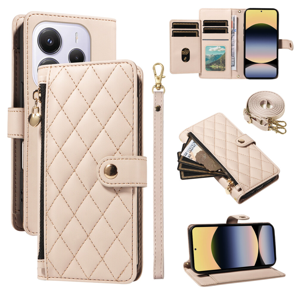 (Beige) For Xiaomi Redmi Note 14 4G (164.84Mm) Wallet Case With Straps, Rhombus Leather Stand Phone Cover Cream 6914282275374