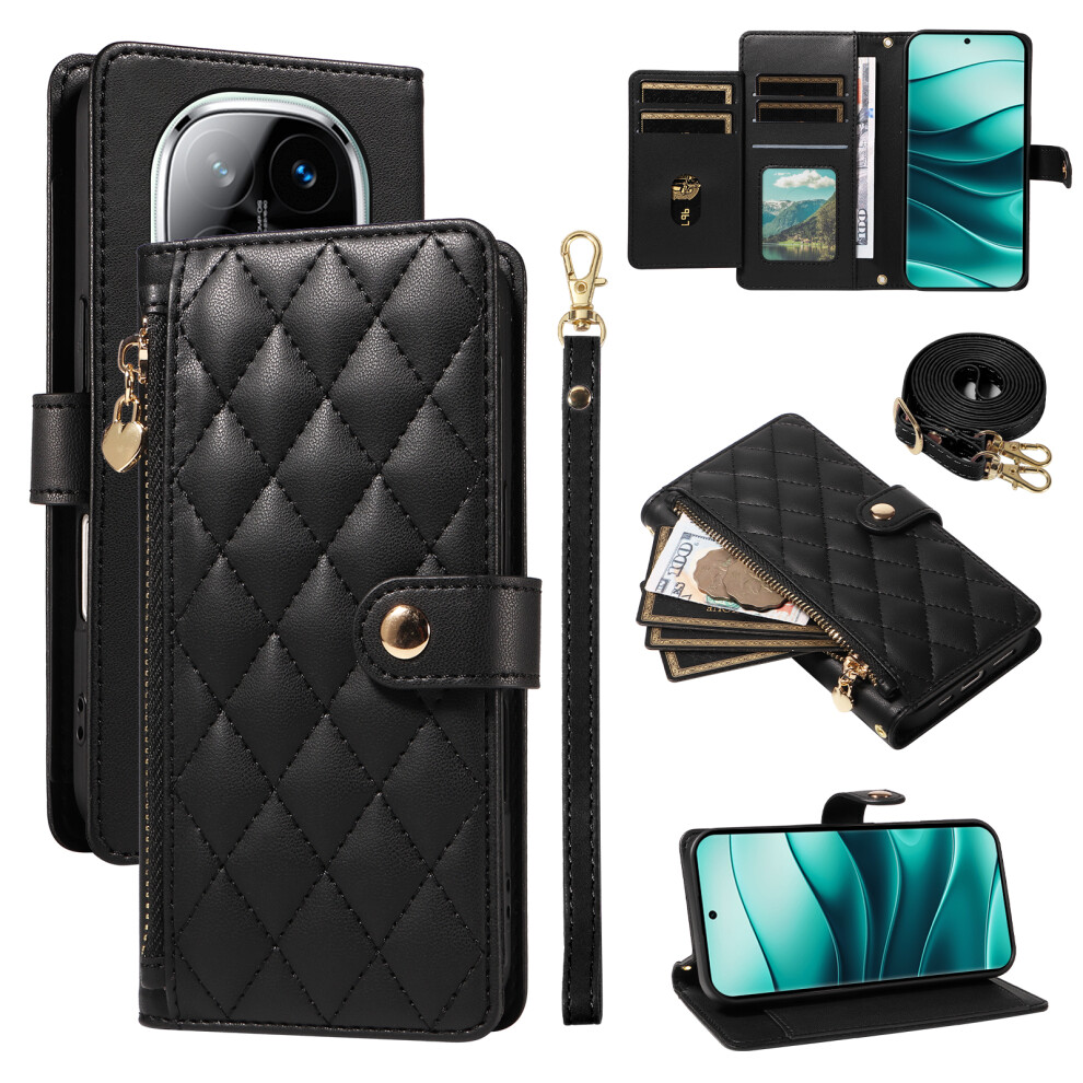 (Black) For Xiaomi Redmi Note 14 Pro+ 5G / Xiaomi Poco X7 5G / Xiaomi Redmi Note 14 Pro 5G Wallet Case With Straps, Rhombus Leather Stand Black 6914282034766