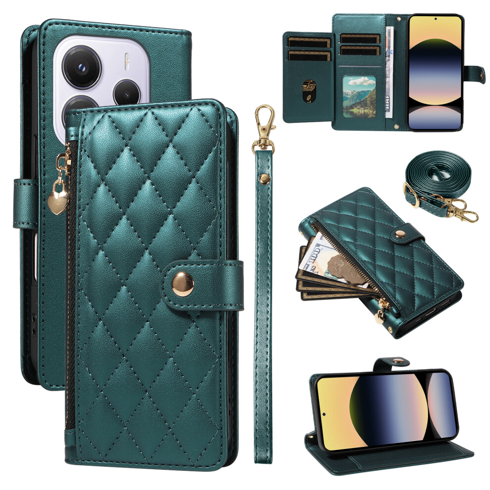 (Blackish ) For Xiaomi Redmi Note 14 4G (164.84Mm) Wallet Case With Straps, Rhombus Leather Stand Phone Cover Green 6914280020266