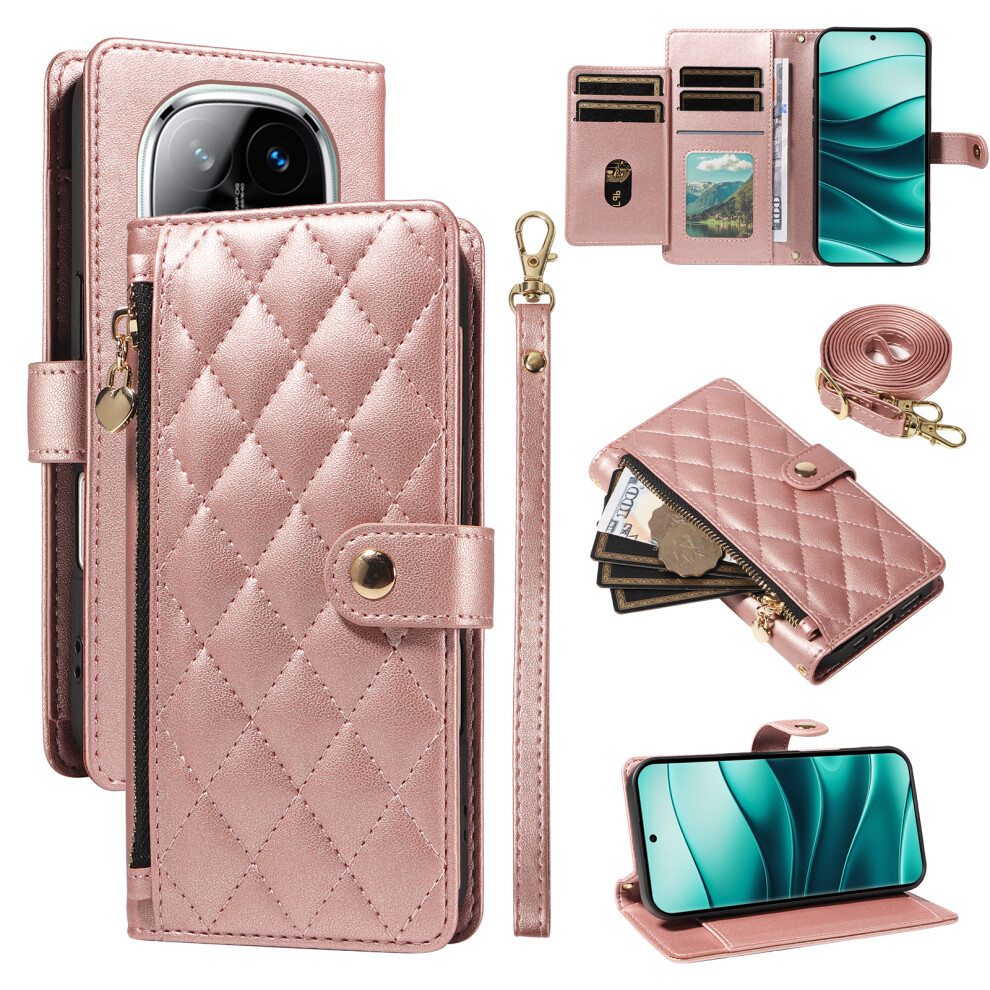 (Rose ) For Xiaomi Redmi Note 14 Pro+ 5G / Xiaomi Poco X7 5G / Xiaomi Redmi Note 14 Pro 5G Wallet Case With Straps, Rhombus Leather Stand Gold 6914288024112