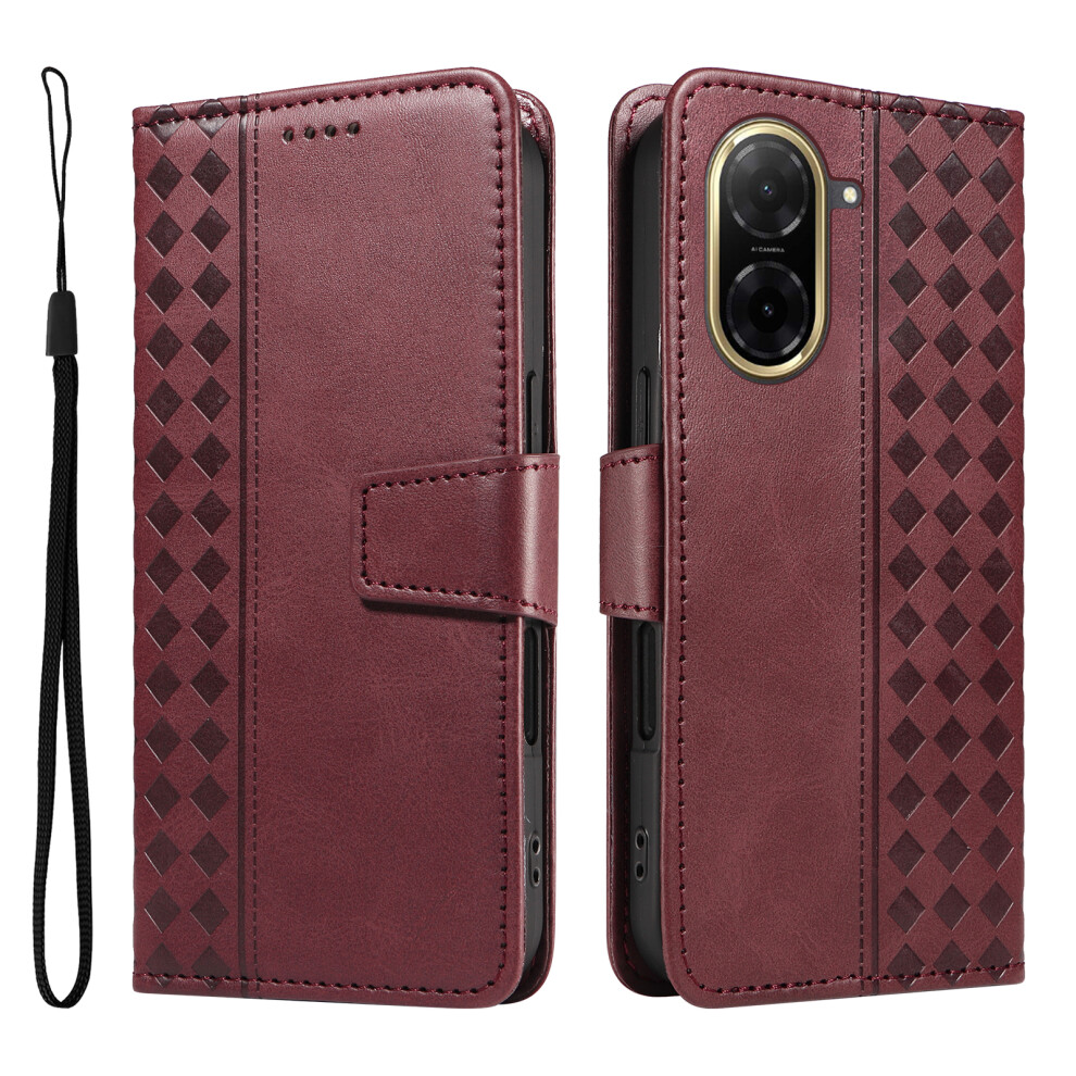 (Wine ) For Xiaomi Mi A5 Nfc (Eu) (173.45Mm) Leather Case Wallet Stand Grids Imprinted Phone Cover With Strap Red 6914284998813