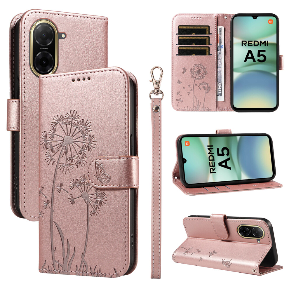 (Rose ) For Xiaomi Poco C71 4G / Redmi A5 4G (171.7Mm) Leather Wallet Case With Strap Dandelion Imprint Phone Stand Cover Gold 6914285373787
