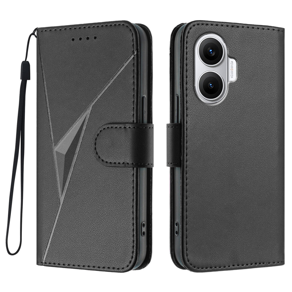 (Black) For Xiaomi Poco F7 5G / Redmi Turbo 4 Pro 5G Case Triangle Imprint Leather Phone Cover With Lanyard Black 6914281900642
