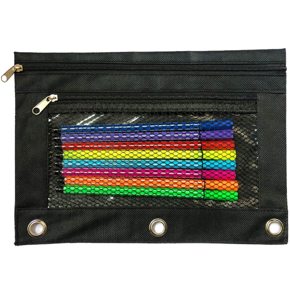 Fabric Pencil Pouch For 3 Ring Binder, Two Zippered Compartments With Clear Window And Mesh Window, Durable Canvas Organizer With Reinforced Rings, Mu 9486358038789