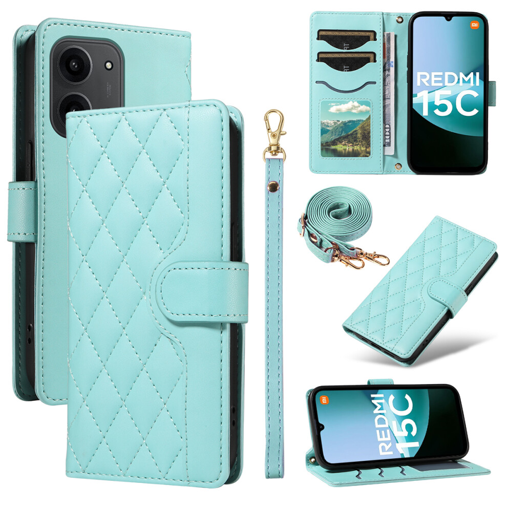 (Green) For Xiaomi Redmi 15C 4G (Global) (171Mm) / Poco C85 4G (171Mm) Wallet Case Rhombus Leather Phone Cover With Strap Green 6914283099016