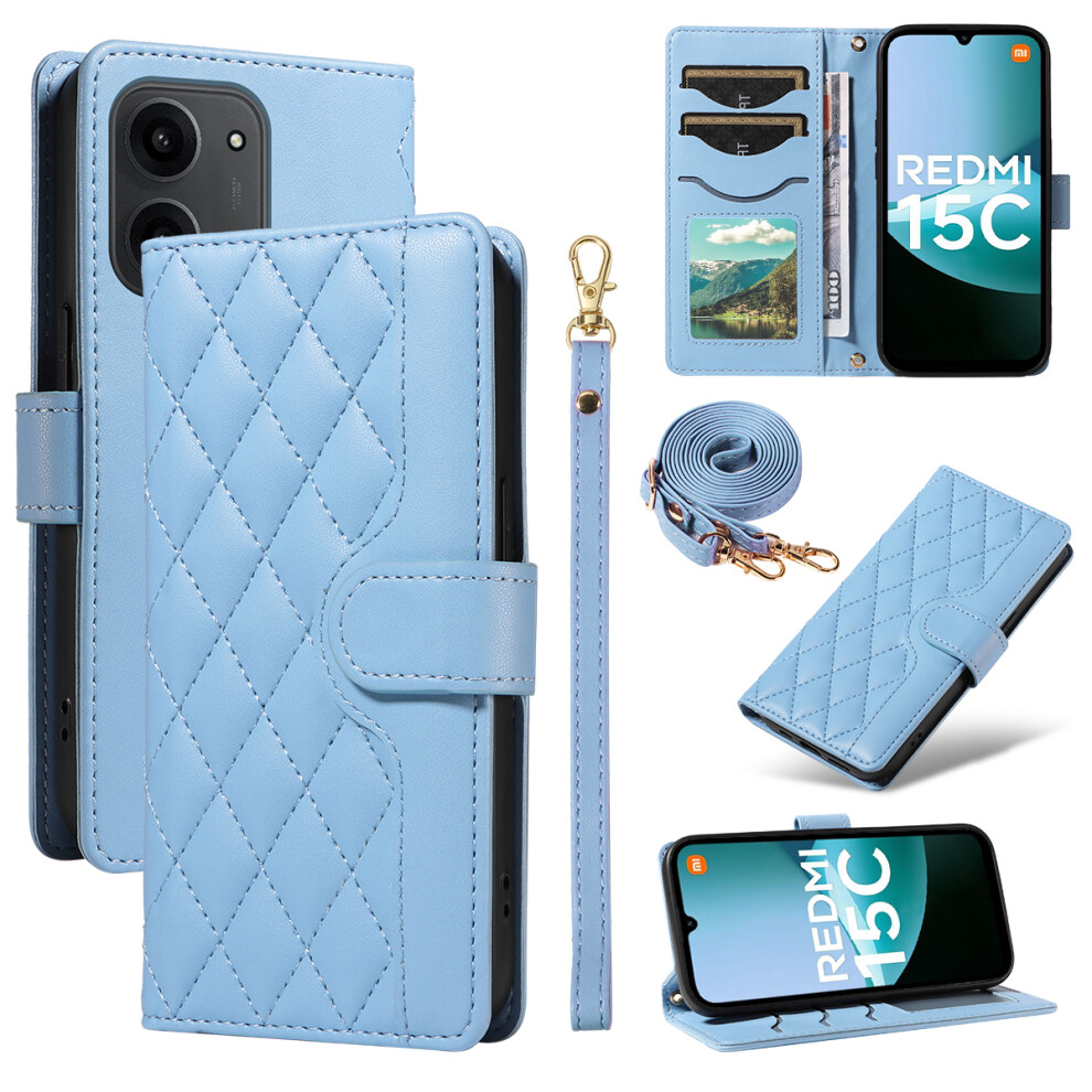 (Blue) For Xiaomi Redmi 15C 4G (Global) (171Mm) / Poco C85 4G (171Mm) Wallet Case Rhombus Leather Phone Cover With Strap Blue 6914283491001