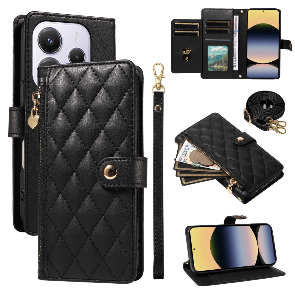 (Black) For Xiaomi Redmi Note 14 4G (164.84Mm) Wallet Case With Straps, Rhombus Leather Stand Phone Cover Black 6914282501015