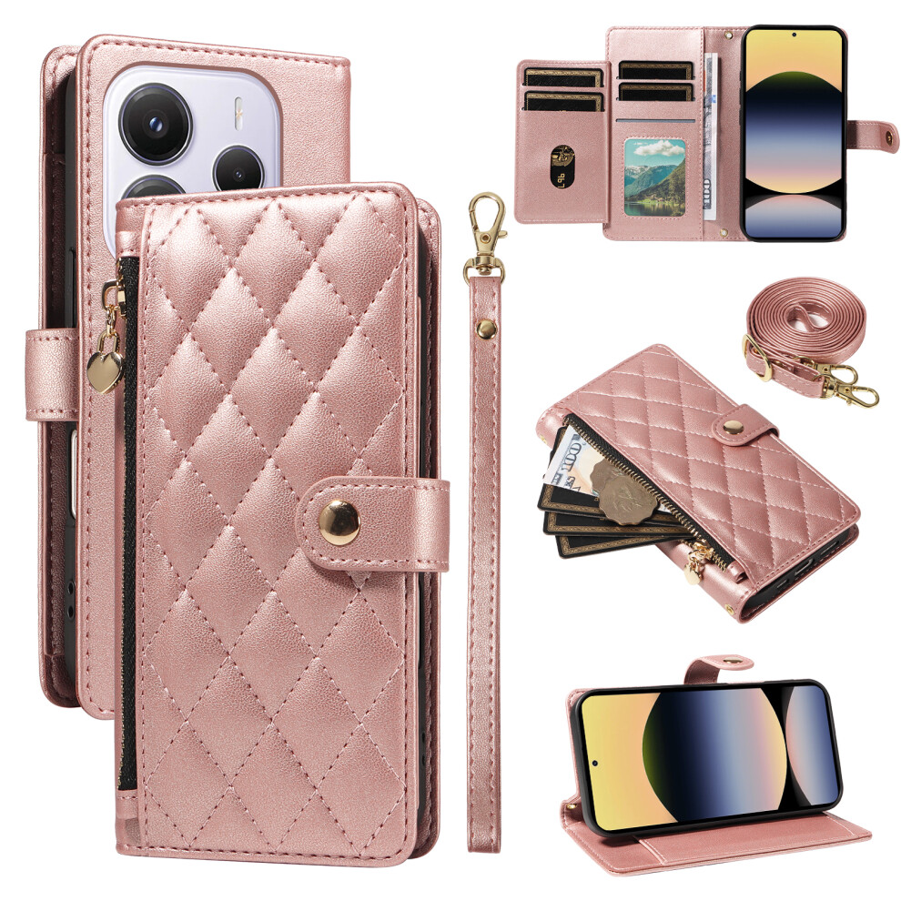 (Rose ) For Xiaomi Redmi Note 14 4G (164.84Mm) Wallet Case With Straps, Rhombus Leather Stand Phone Cover Gold 6914280361444