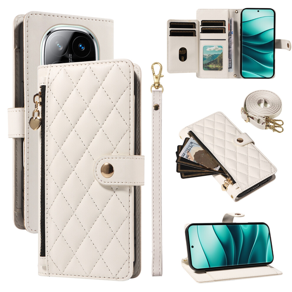 (White) For Xiaomi Redmi Note 14 Pro+ 5G / Xiaomi Poco X7 5G / Xiaomi Redmi Note 14 Pro 5G Wallet Case With Straps, Rhombus Leather Stand White 6914289544367