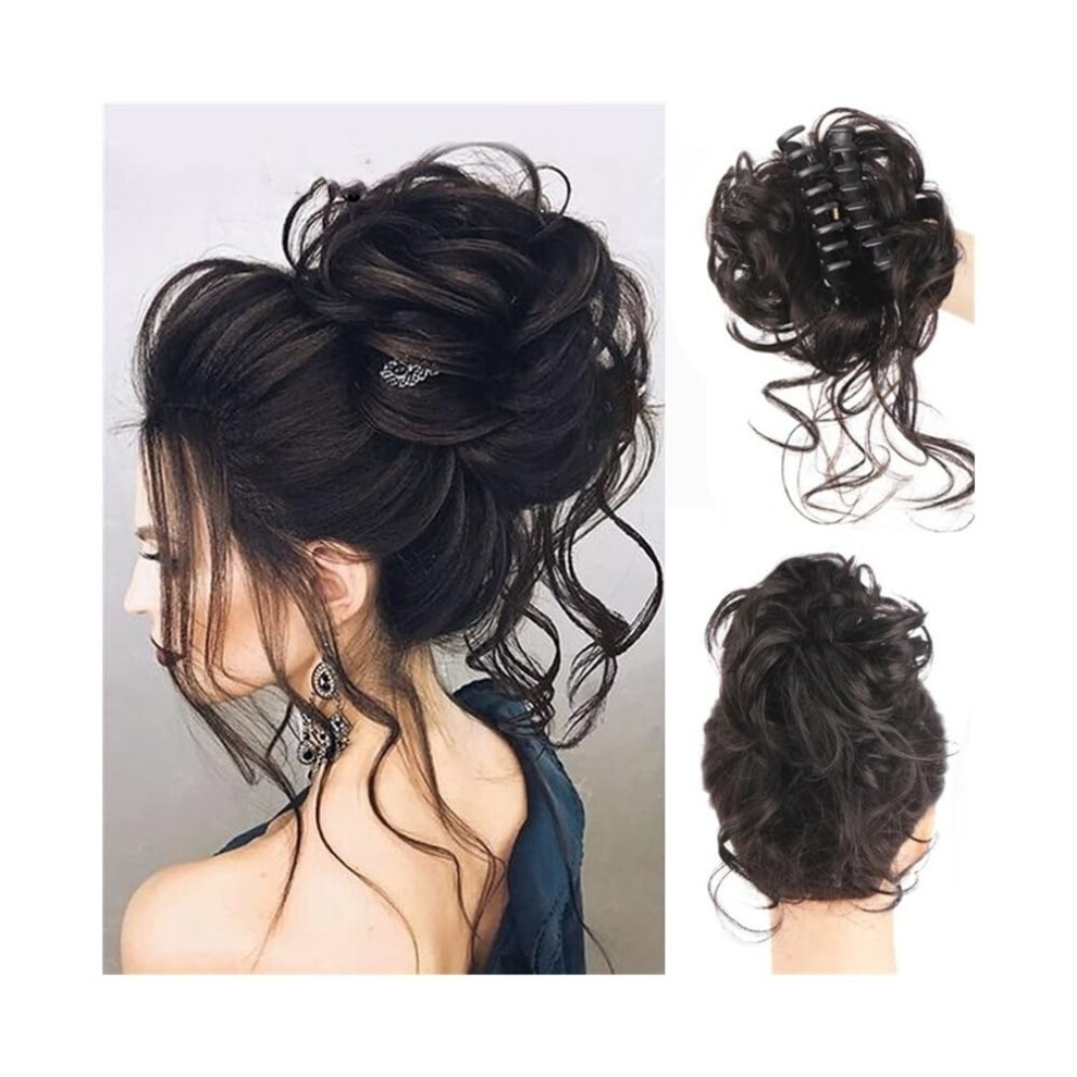 Unisex Fake Hair Synthetic Curly Wavy Bun Hair Extension With Claw Clip In Ponytail 1B/27Hl