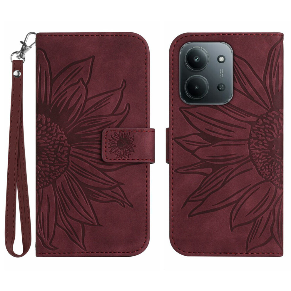 (Wine ) For Xiaomi Mi 15C 4G (Global) (171Mm) / Poco C85 4G (171Mm) Case Sunflower Imprint Leather Wallet Phone Cover With Wrist Strap Red 6914282006190
