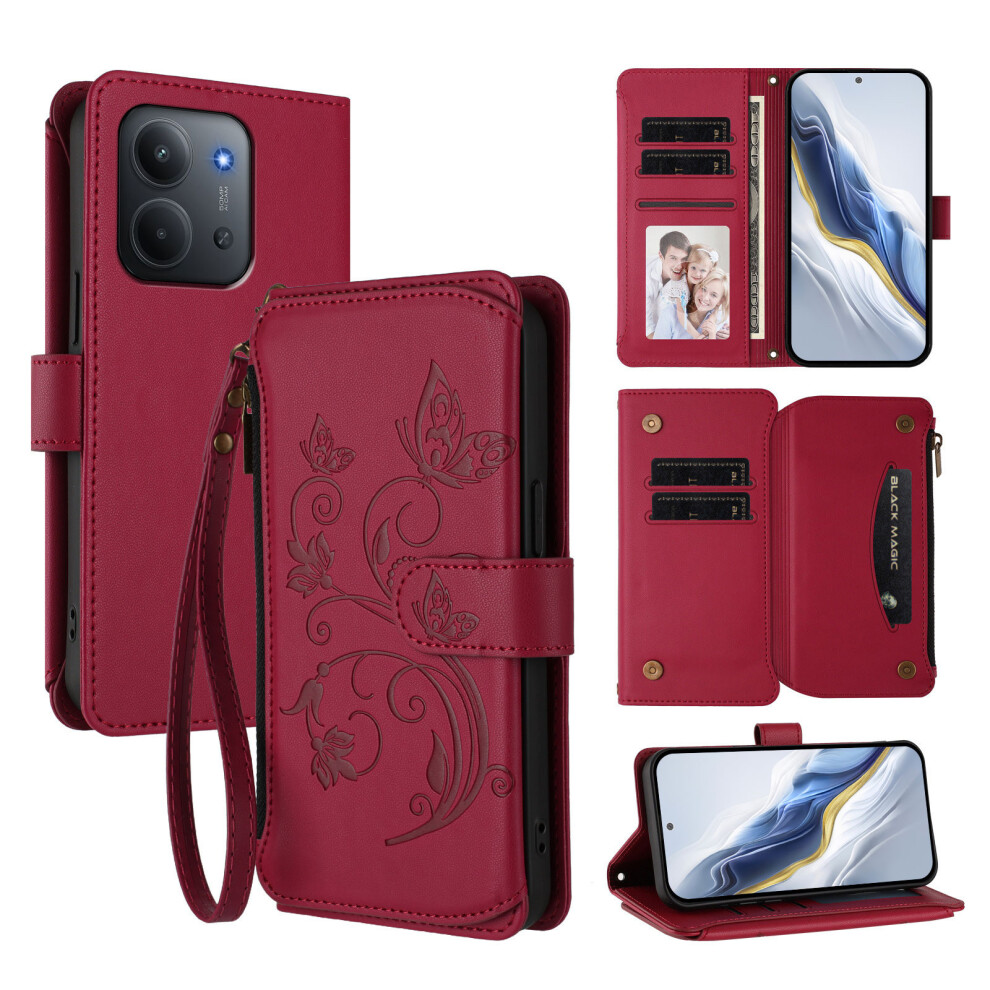 (Wine ) For Xiaomi Mi 15C 4G (Global) (171Mm) / Poco C85 4G (171Mm) Leather Case Butterfly Floral Imprint Zipper Wallet Stand Cover Wi Red 6914281816776