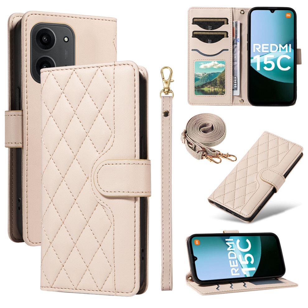 (Apricot) For Xiaomi Redmi 15C 4G (Global) (171Mm) / Poco C85 4G (171Mm) Wallet Case Rhombus Leather Phone Cover With Strap 6914286093127