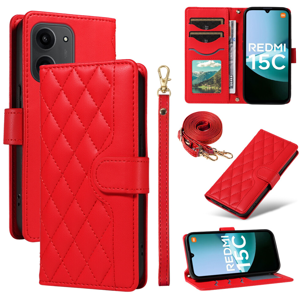 (Red) For Xiaomi Mi 15C 4G (Global) (171Mm) / Poco C85 4G (171Mm) Wallet Case Rhombus Leather Phone Cover With Strap Red 6914281462812