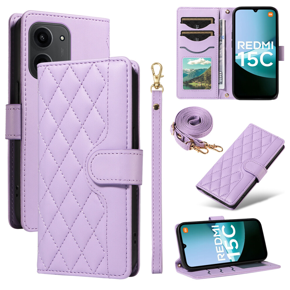 (Light ) For Xiaomi Redmi 15C 4G (Global) (171Mm) / Poco C85 4G (171Mm) Wallet Case Rhombus Leather Phone Cover With Strap Purple 6914280941325