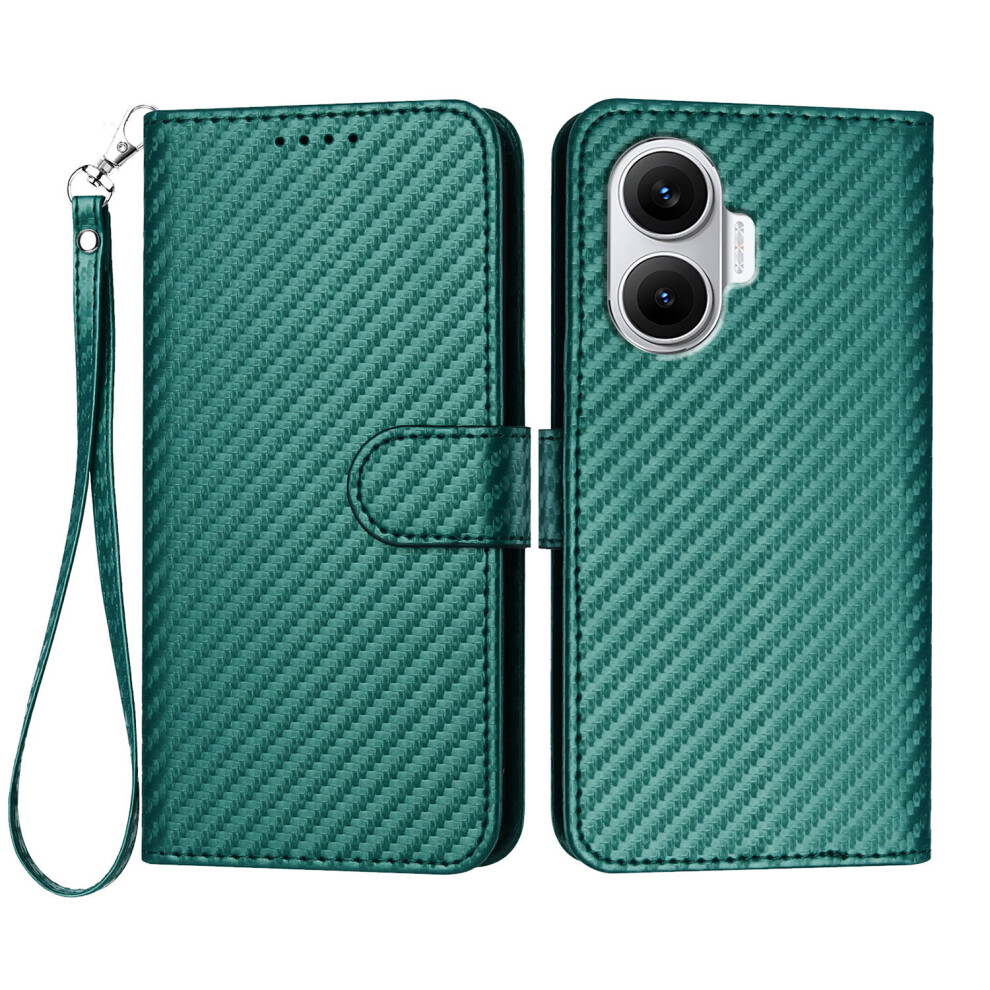 (Blackish ) For Xiaomi Poco F7 5G / Redmi Turbo 4 Pro 5G Wallet Case With Strap Carbon Fiber Texture Leather Mobile Cover Green 6914288515351