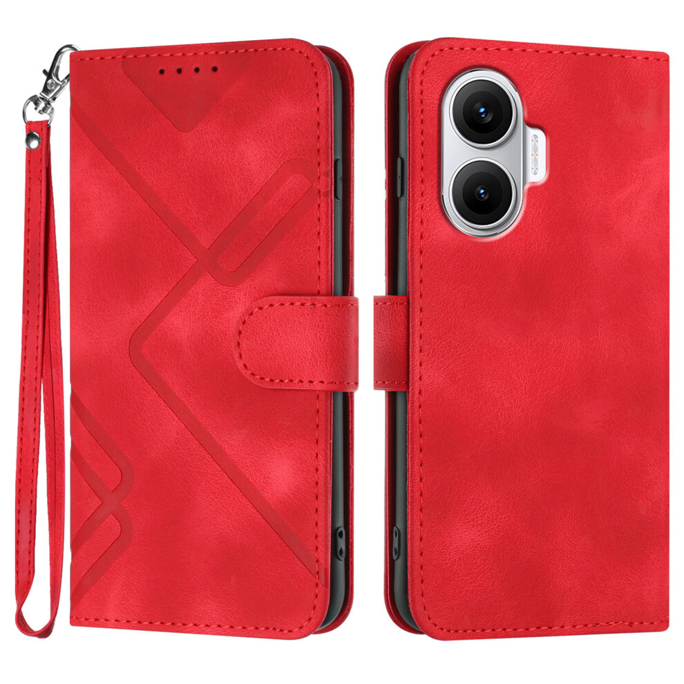 (Red) For Xiaomi Poco F7 5G / Mi Turbo 4 Pro 5G Wallet Case Line Imprinted Pu Leather Phone Cover With Strap Red 6914287702806