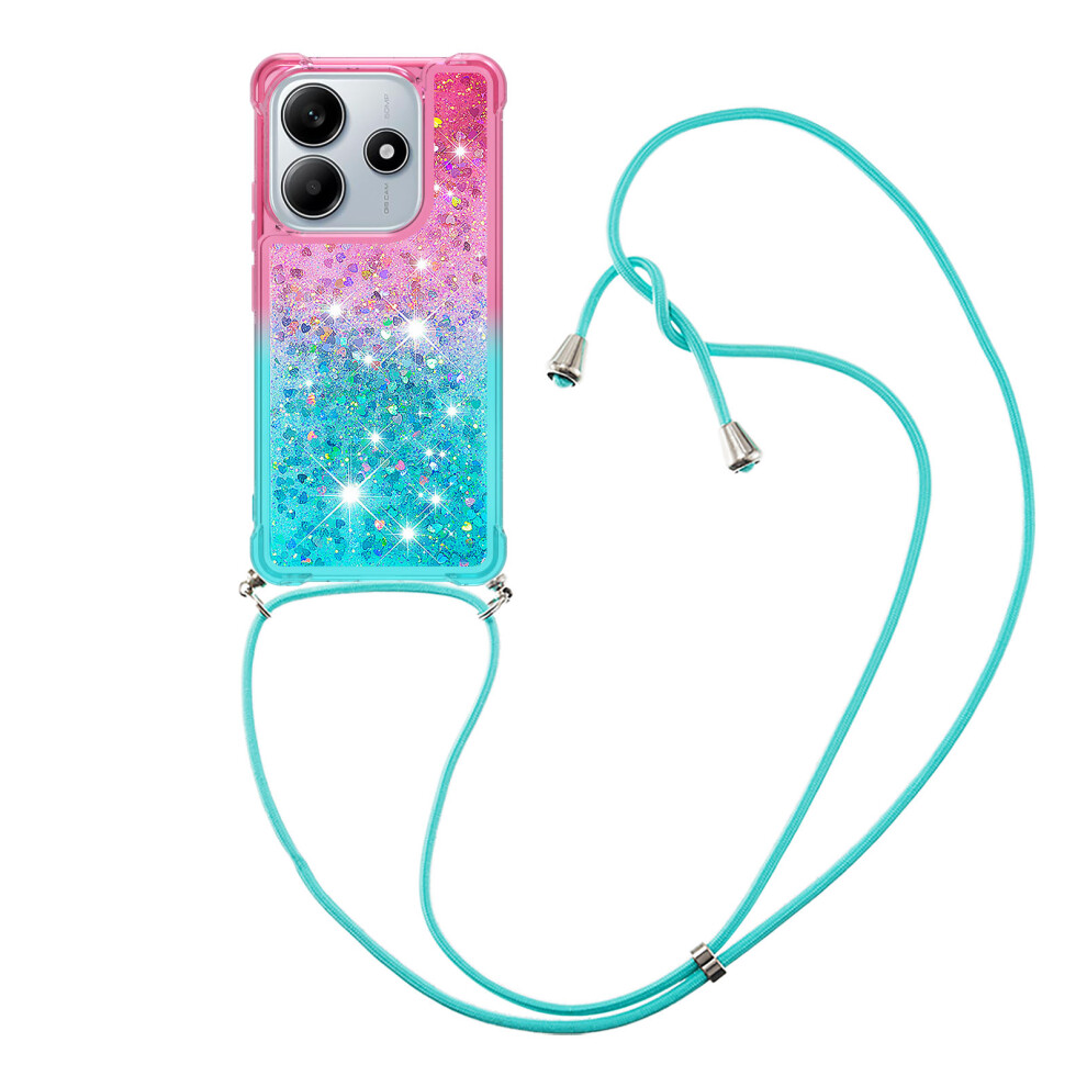(Pink / Sky Blue) For Xiaomi Redmi Note 14 4G (164.84Mm) Phone Case Gradient Quicksand Tpu Back Cover With Long Strap Blue,Pink 6914281646472