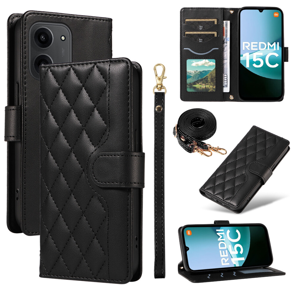 (Black) For Xiaomi Redmi 15C 4G (Global) (171Mm) / Poco C85 4G (171Mm) Wallet Case Rhombus Leather Phone Cover With Strap Black 6914289905854