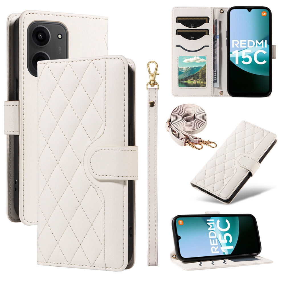 (White) For Xiaomi Redmi 15C 4G (Global) (171Mm) / Poco C85 4G (171Mm) Wallet Case Rhombus Leather Phone Cover With Strap White 6914289729504