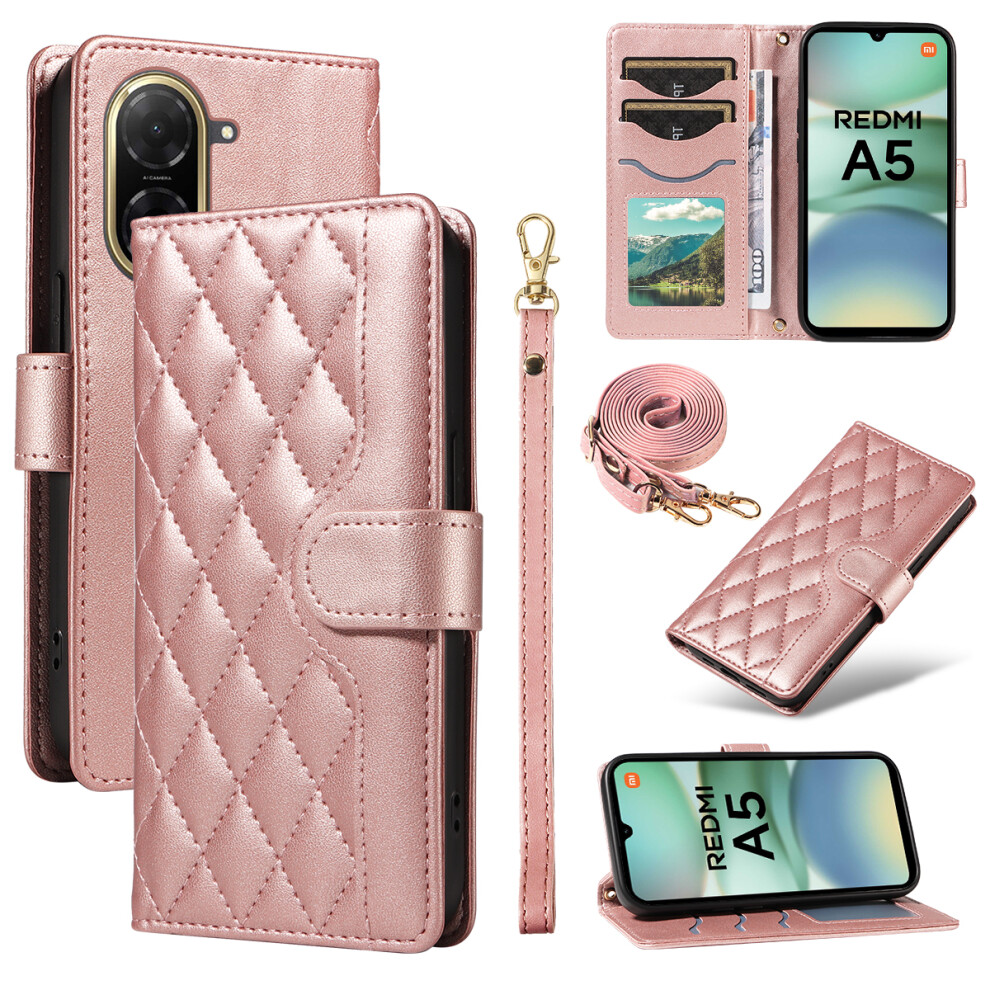 (Rose ) For Xiaomi Redmi A5 4G (171.7Mm) Wallet Case Rhombus Leather Phone Cover With Strap Gold 6914281503287