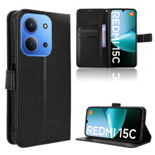 (Black) For Xiaomi Redmi 15C 4G (Global) (171mm) / Poco C85 4G (171mm) Leather Wallet Case with Strap Diamond Texture Phone Cover