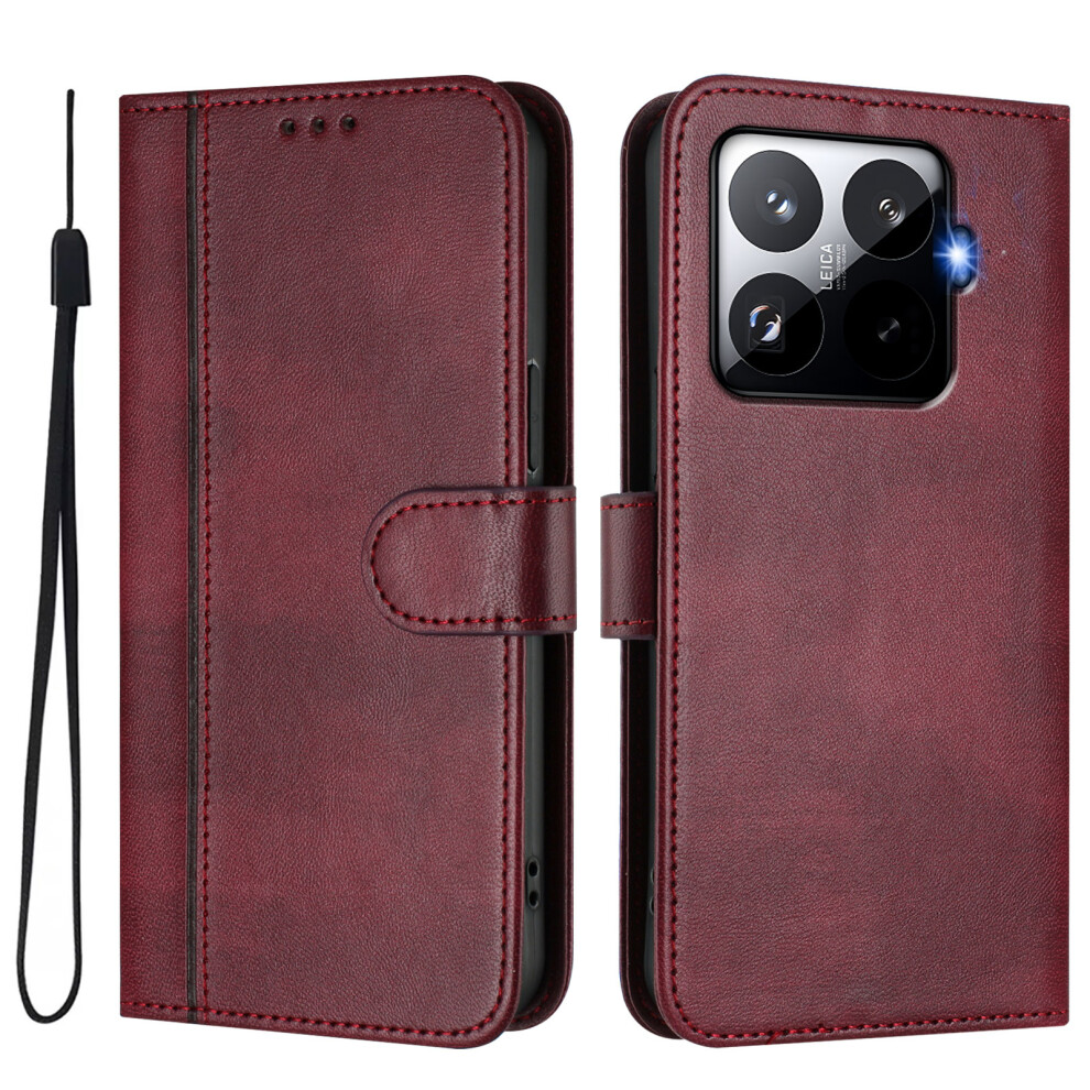 (Wine ) For Xiaomi 15T Pro Cases Wallet Stand Retro Texture Leather Phone Cover With Lanyard Red 6914286817709