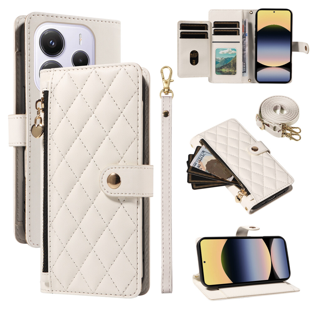 (White) For Xiaomi Redmi Note 14 4G (164.84Mm) Wallet Case With Straps, Rhombus Leather Stand Phone Cover White 6914281837092