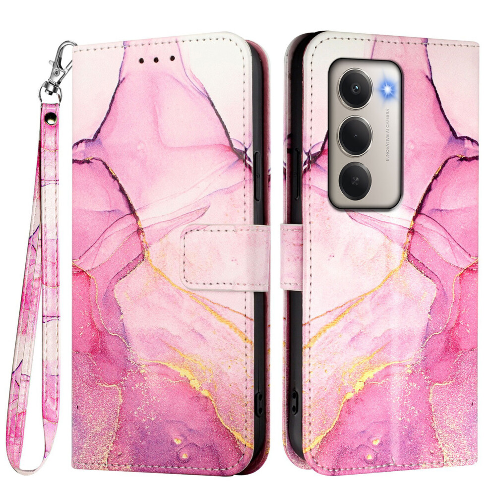 (Pink / Purple / Gold Ls001) For Xiaomi Redmi 15 5G (Global) (169Mm) Case With Strap Marble Pattern Leather Phone Cover Card Holder Pink,Gold,Purple 6914287328471