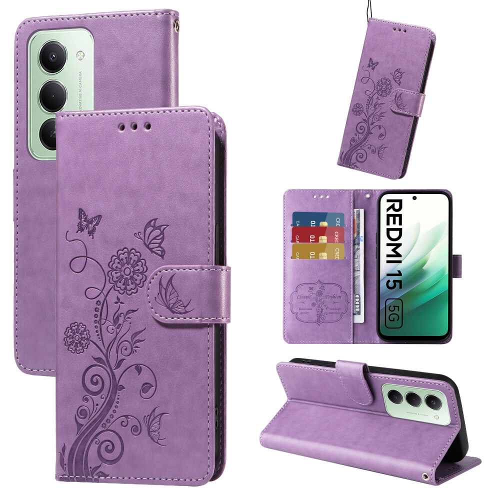 (Purple) For Xiaomi Redmi 15 4G (Eu) (171Mm) Leather Case Butterfly Floral Imprint Wallet Stand Cover Purple 6914285413315