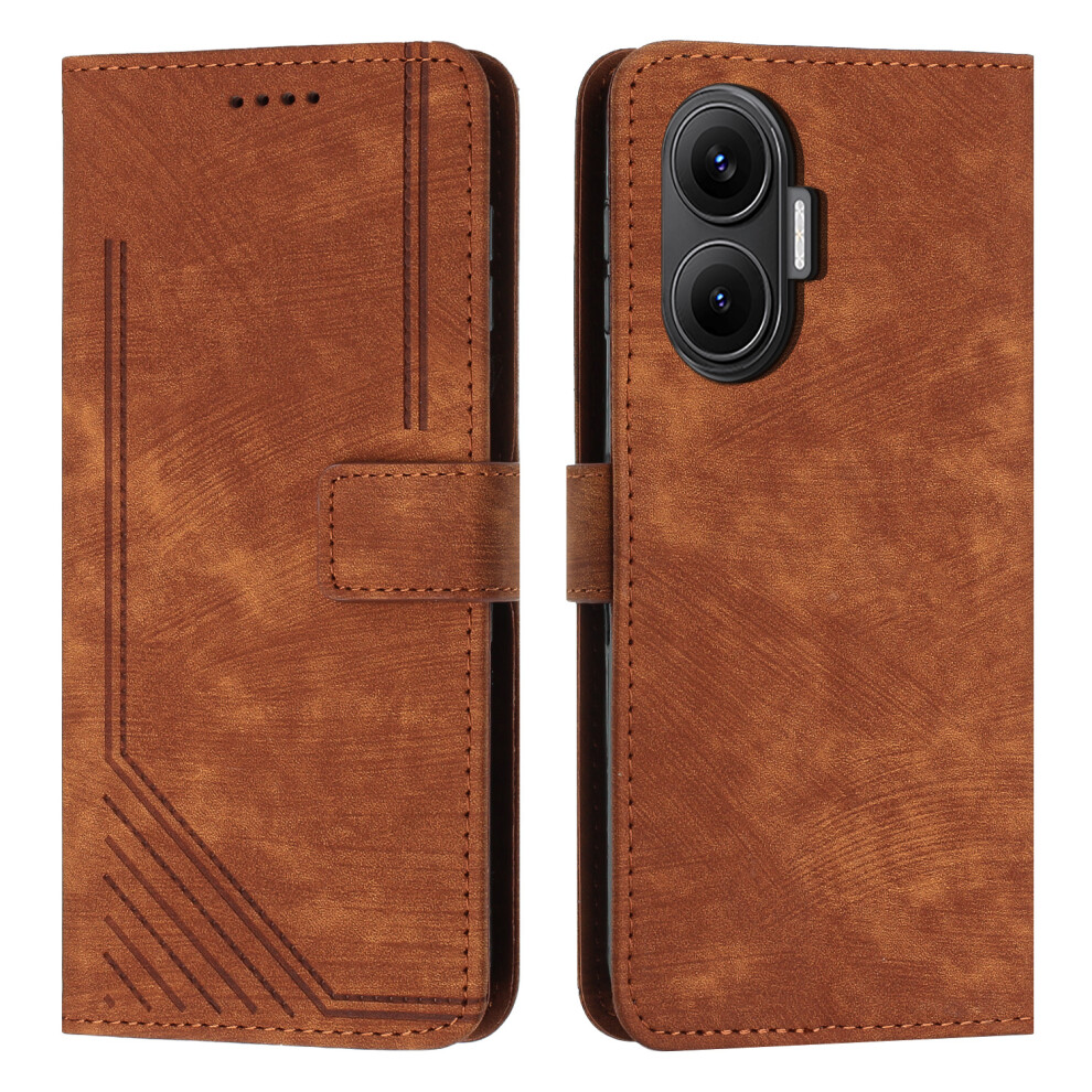 (Brown) For Xiaomi Redmi Turbo 4 Pro 5G / Xiaomi Poco F7 5G Stand Case Imprinted Lines Leather Phone Cover Brown 6914280059372