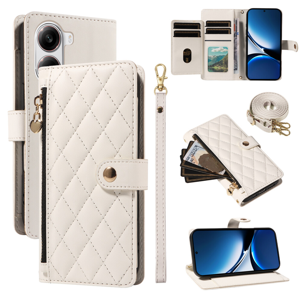 (White) For Xiaomi Poco X7 Pro 5G / Xiaomi Redmi Turbo 4 5G Wallet Case With Straps, Rhombus Leather Stand Phone Cover White 6914282718536