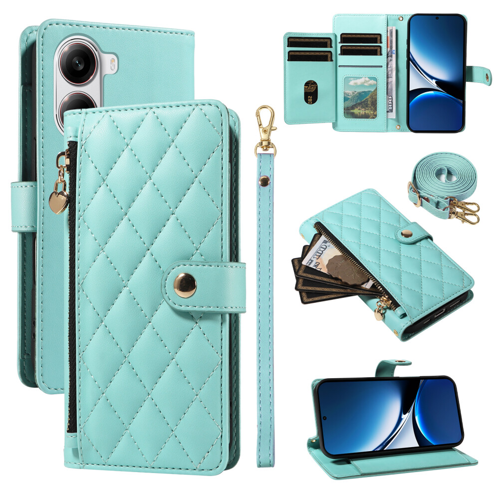 (Light ) For Xiaomi Poco X7 Pro 5G / Xiaomi Redmi Turbo 4 5G Wallet Case With Straps, Rhombus Leather Stand Phone Cover Green 6914285560156