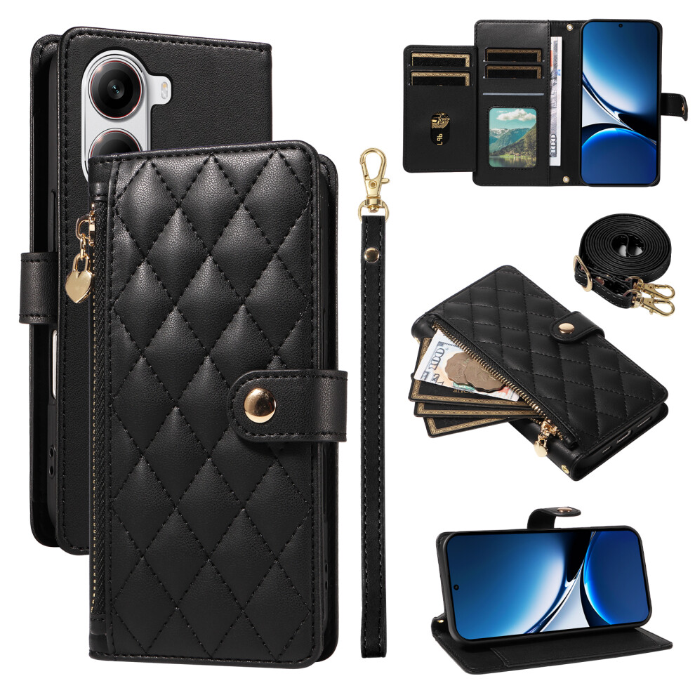 (Black) For Xiaomi Poco X7 Pro 5G / Xiaomi Redmi Turbo 4 5G Wallet Case With Straps, Rhombus Leather Stand Phone Cover Black 6914282949473