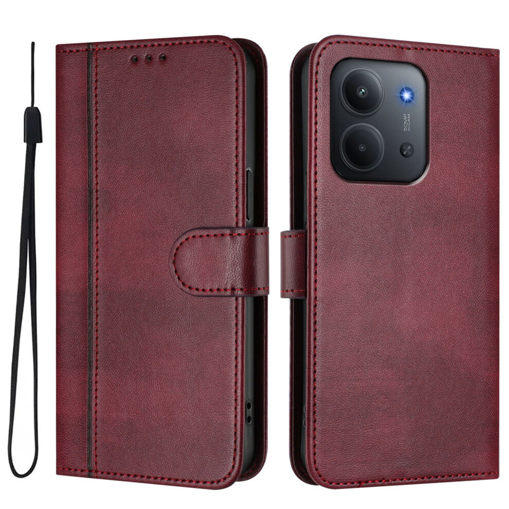 (Wine ) For Xiaomi Mi 15C 4G (Global) (171Mm) / Poco C85 4G (171Mm) Cases Wallet Stand Retro Texture Leather Phone Cover With Lanyard Red 6914289944136