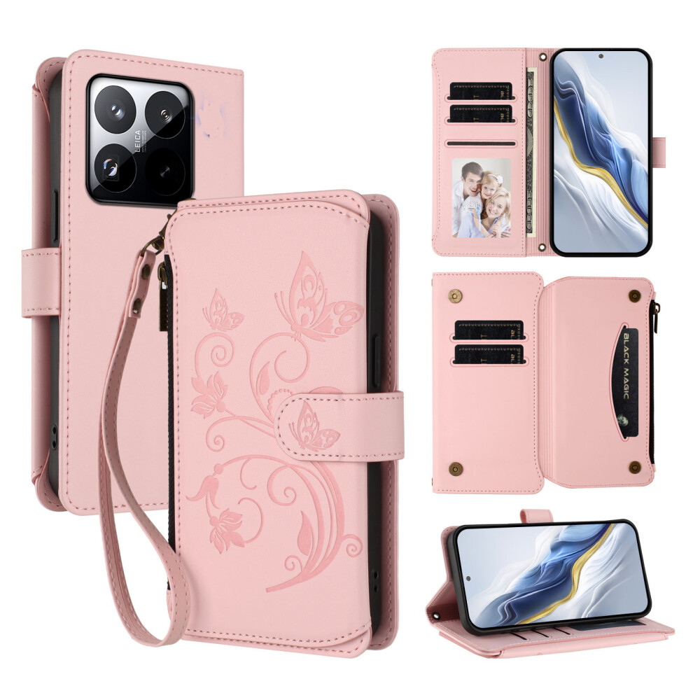 (Pink) For Xiaomi 15T Leather Case Butterfly Floral Imprint Zipper Wallet Stand Cover With Wrist Strap Pink 6914286758590