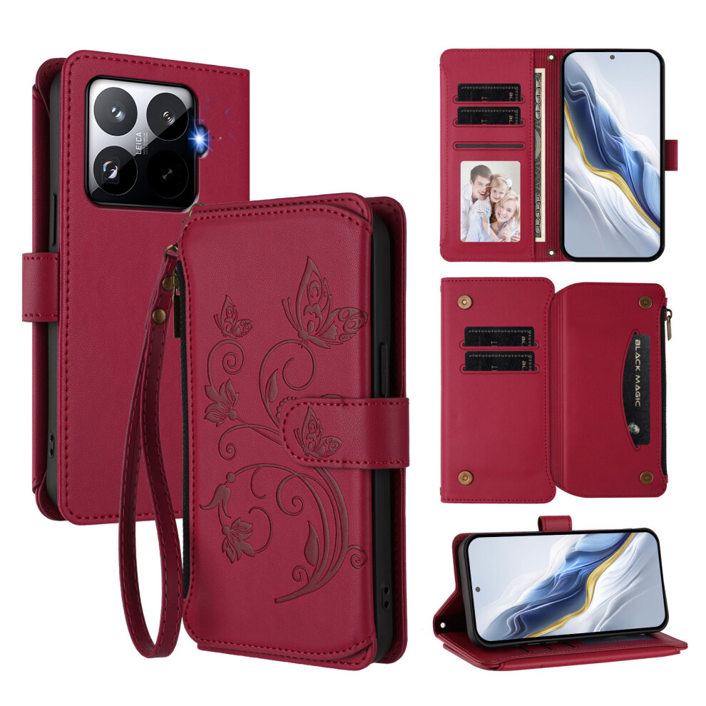 (Wine ) For Xiaomi 15T Pro Leather Case Butterfly Floral Imprint Zipper Wallet Stand Cover With Wrist Strap Red 6914285597701