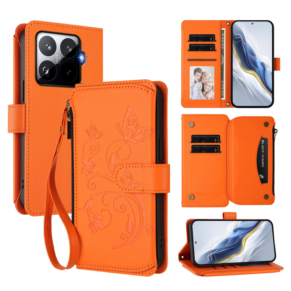 (Orange) For Xiaomi 15T Pro Leather Case Butterfly Floral Imprint Zipper Wallet Stand Cover With Wrist Strap Orange 6914283154418
