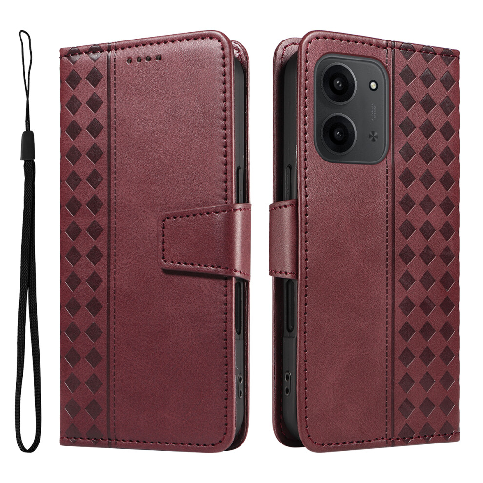 (Wine ) For Xiaomi Mi 15C 4G (Global) (171Mm) / Poco C85 4G (171Mm) Leather Case Wallet Stand Grids Imprinted Phone Cover With Strap Red 6914287677500