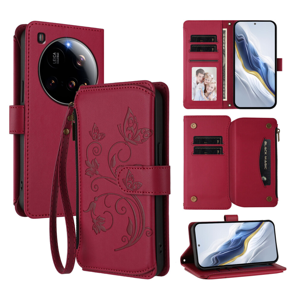 (Wine ) For Xiaomi 15 Ultra Leather Case Butterfly Floral Imprint Zipper Wallet Stand Cover With Wrist Strap Red 6914288794046
